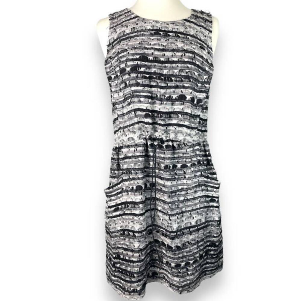Gryphon Mini Linen Silk Dress Drawstring Waist Cocktail Geometric Beaded Black‎
